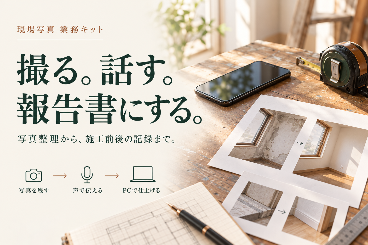 現場写真 業務キット。撮る。話す。報告書にする。写真整理から、施工前後の記録まで。写真を残す、声で伝える、PCで仕上げる。